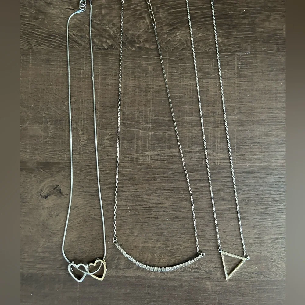 Lot of 3 Silver Necklaces Layered Hearts Diamond Bar & Triangle Necklace Set